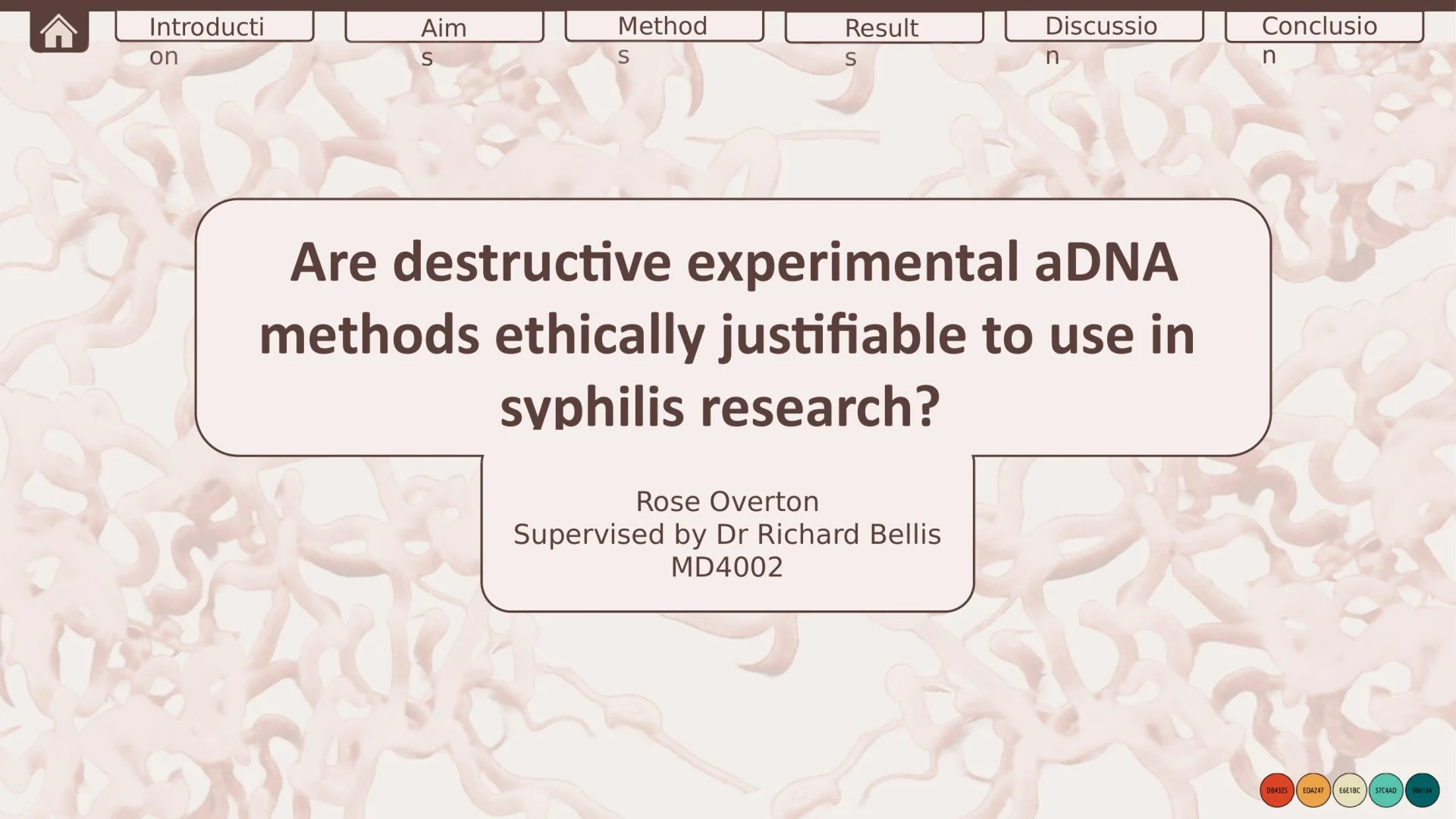 Slide 1: Are destructive experimental aDNA methods ethically justifiable to use in syphilis research?. A full description follows.