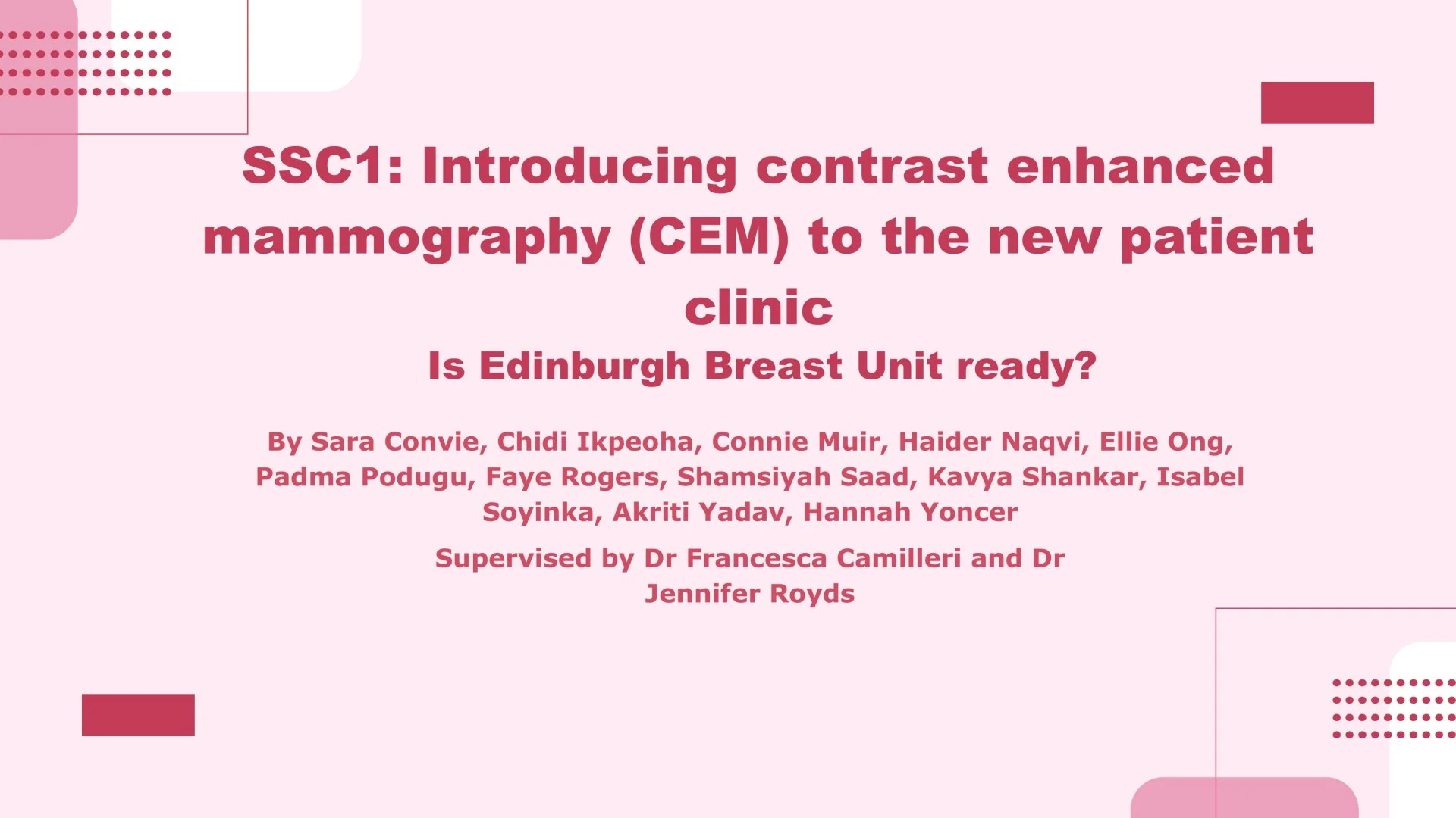 Slide 1: SSC1: Introducing contrast enhanced mammography (CEM) to the new patient clinic. A full description follows.