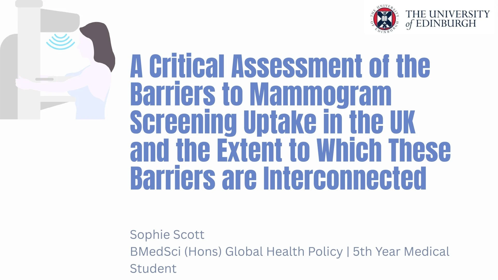 Slide 1: A Critical Assessment of the Barriers to Mammogram Screening Uptake in the UK. A full description follows.