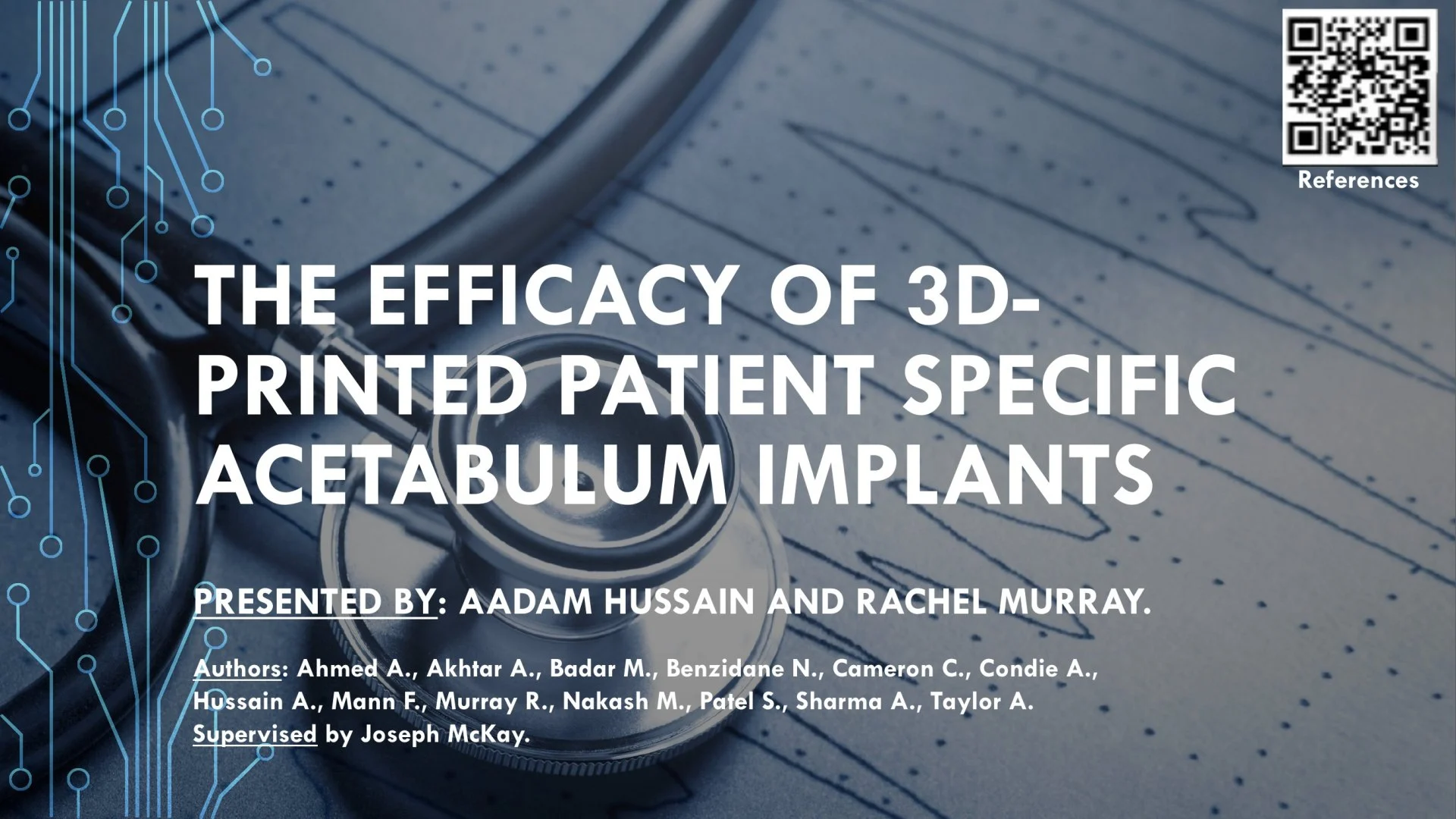 Slide 1: The Efficacy of 3D-Printed Patient Specific Acetabulum Implants. A full description follows.