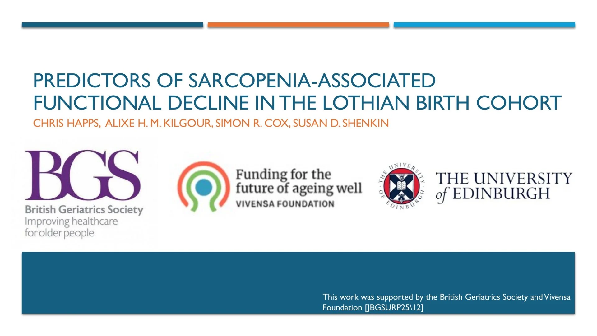 Slide 1: Predictors of Sarcopenia-Associated Functional Decline in the Lothian Birth Cohort. A full description follows.