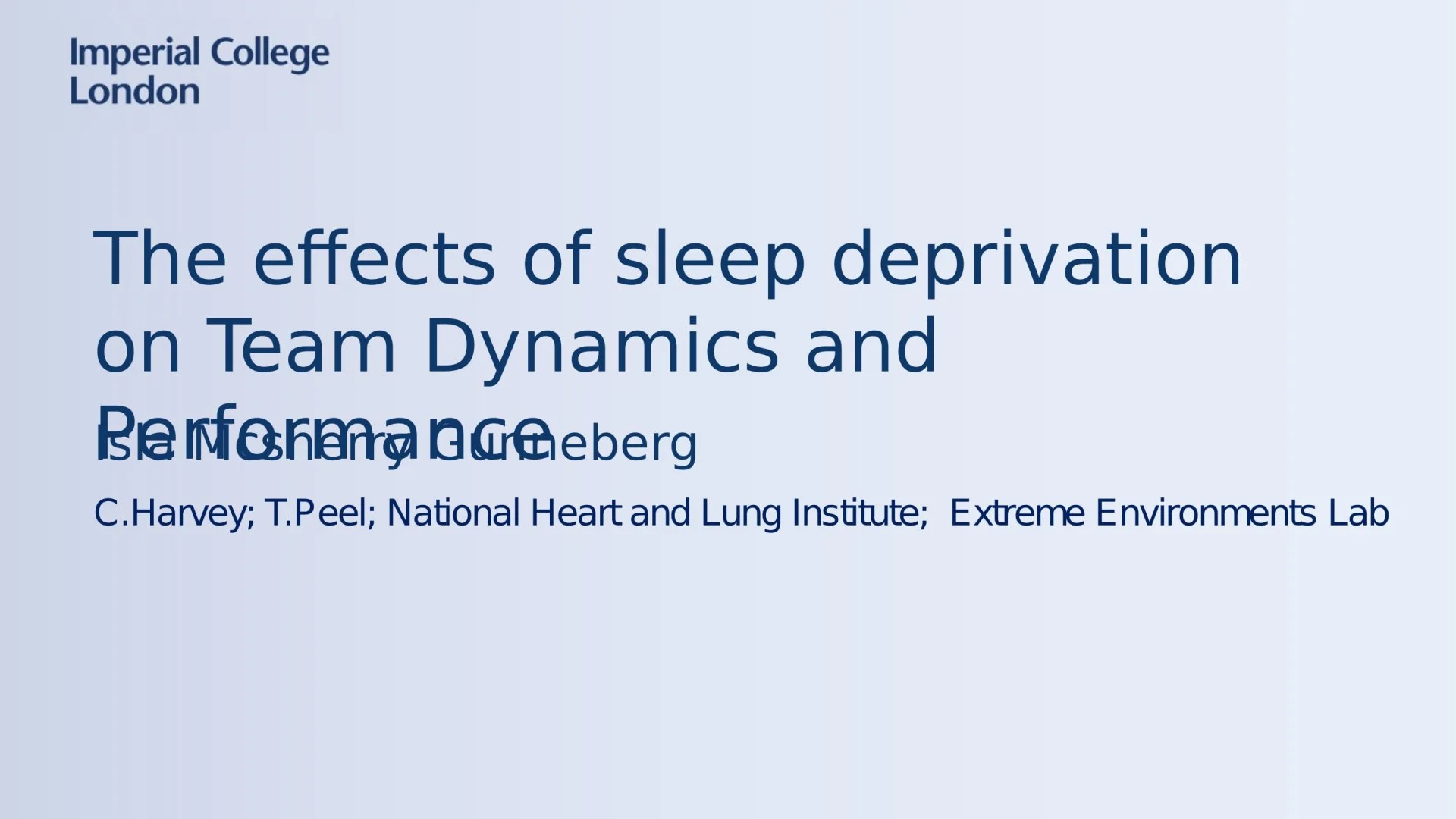 Slide 1: The effects of sleep deprivation on Team Dynamics and Performance. A full description follows.